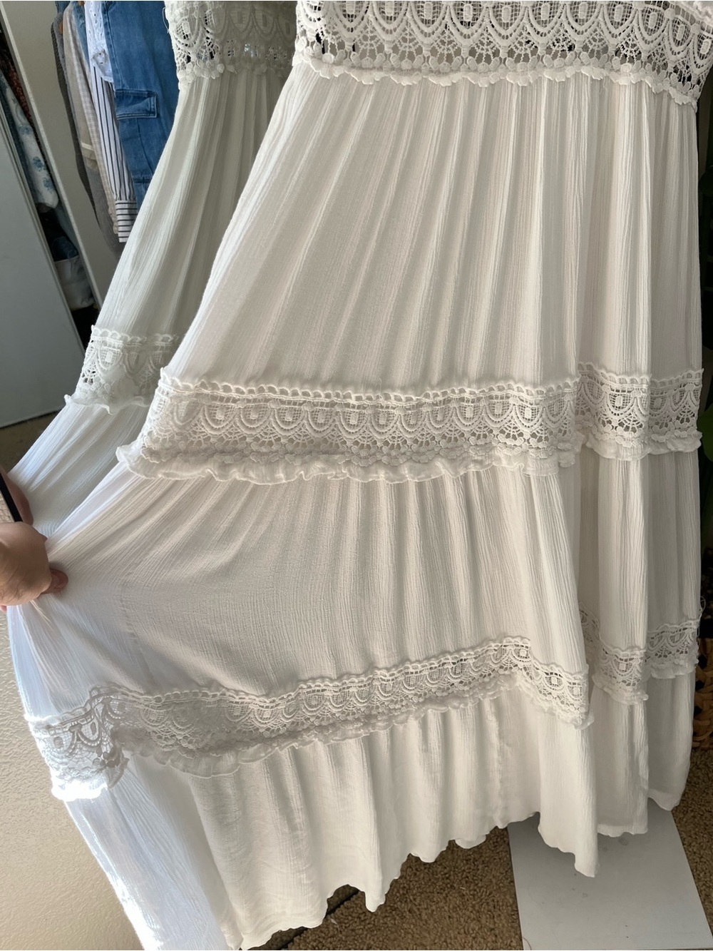 Forever 21 White Lace Boho Maxi Dress Size Large |Sleeveless Tiered Empire Waist - Picture 6 of 14